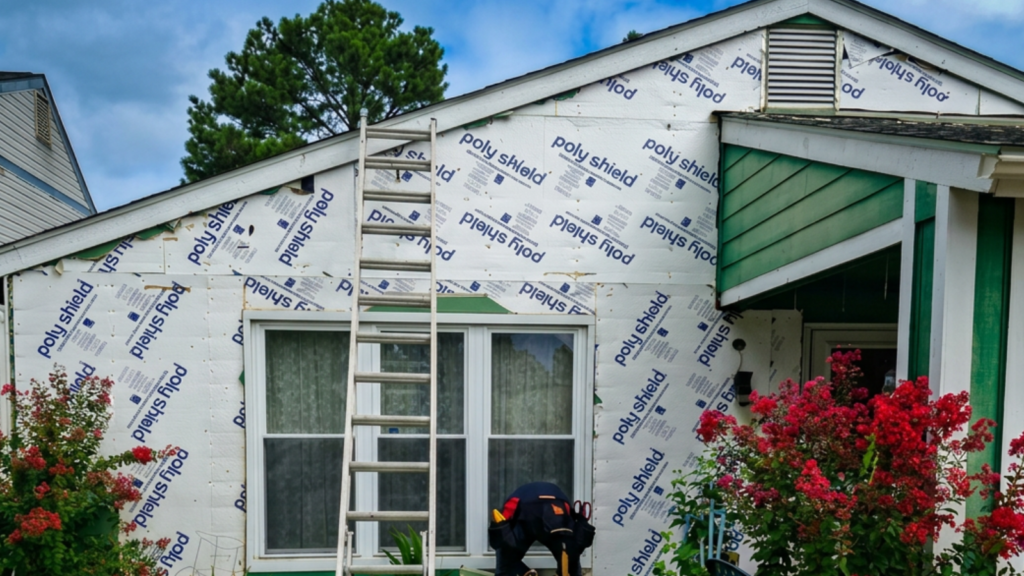 Professional siding replacement Virginia Beach project showing house wrap and hidden moisture barrier before new siding installation