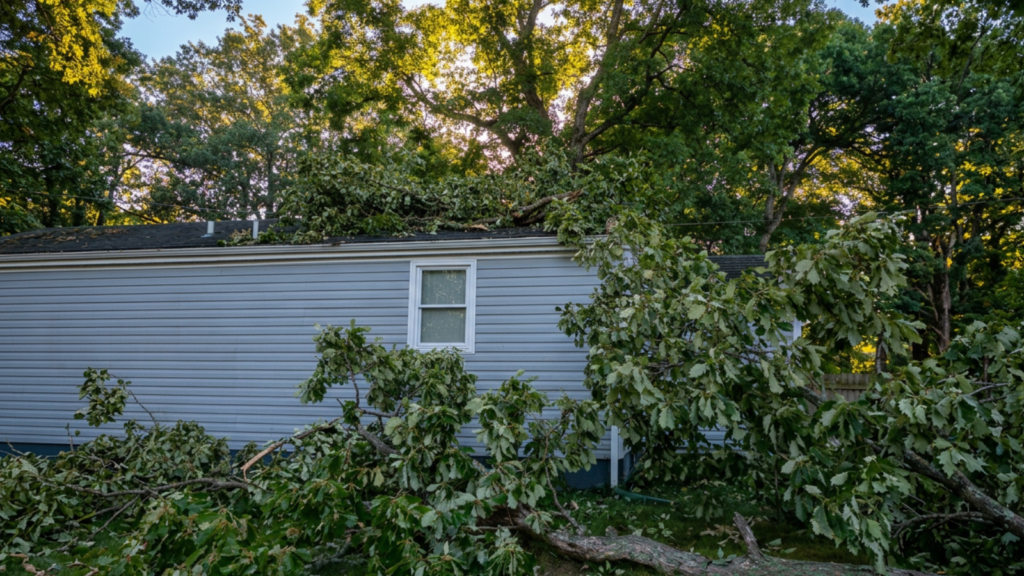 Tree damage roof Virginia Beach home after a storm with a fallen tree on the roofline