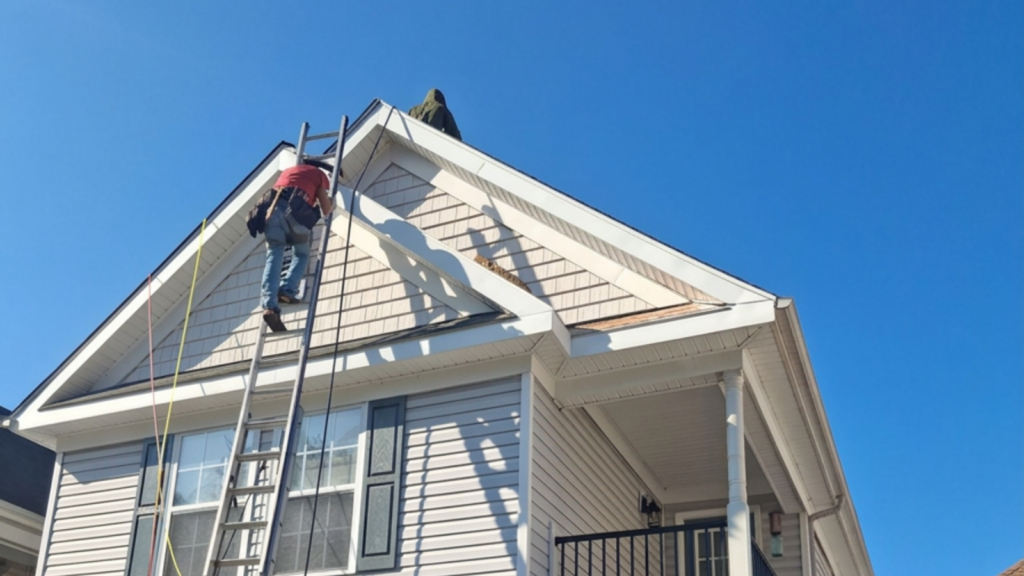 Professional roof inspection Virginia Beach showing a roofing expert inspecting shingles and flashing on a coastal home